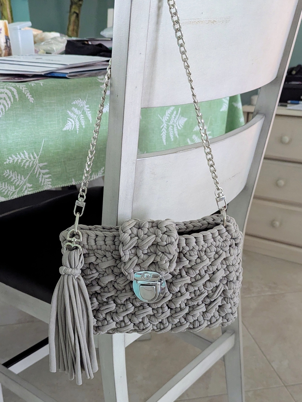 Handwoven Gray Crochet Crossbody Bag with Tassel